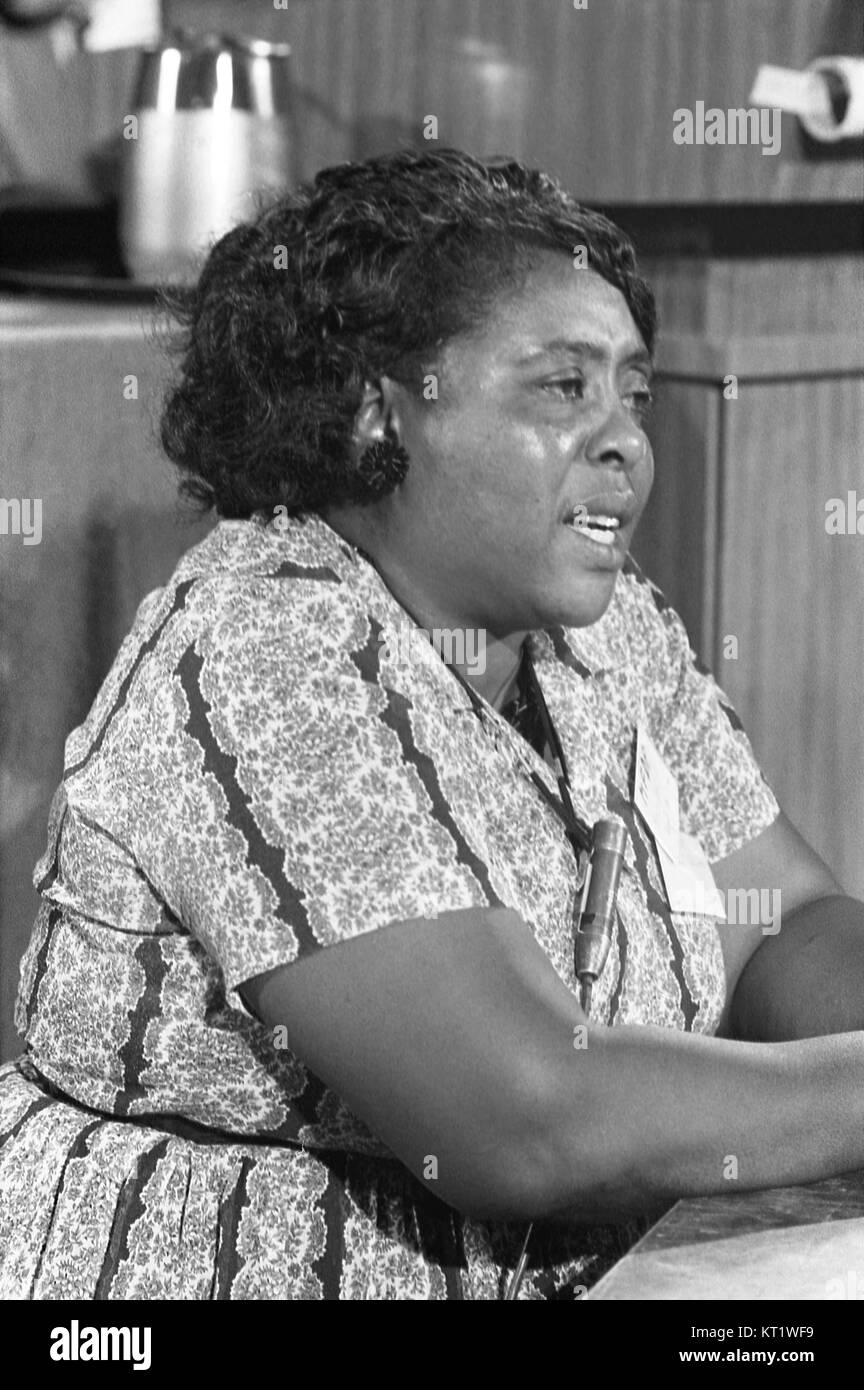 Fannie Lou Hamer, une leader américaine des droits civiques, est représentée sur cette photographie historique du 22 août 1964. Hamer était un défenseur influent du droit de vote et de l'égalité raciale, et la photo capture sa puissante présence pendant le mouvement des droits civiques. Banque D'Images Fannie Lou Hamer, une leader américaine des droits civiques, est représentée sur cette photographie historique du 22 août 1964. Hamer était un défenseur influent du droit de vote et de l'égalité raciale, et la photo capture sa puissante présence pendant le mouvement des droits civiques. Banque D'Images