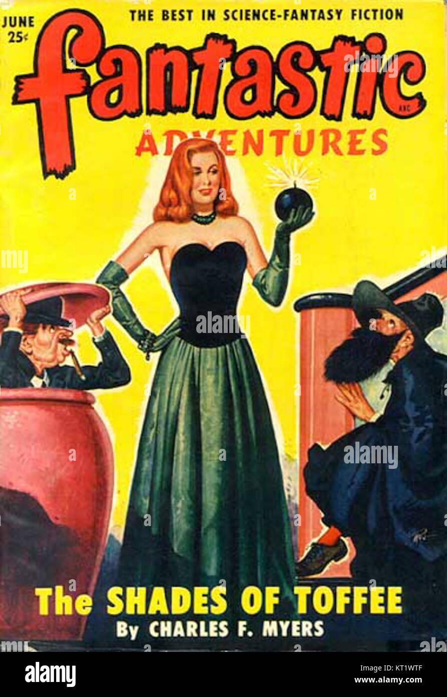Fantastic Adventures est un magazine de science-fiction et de fantasy qui a publié diverses histoires entre 1939 et 1953. Ce numéro de juin 1950 comprend des récits d’aventure et des thèmes futuristes, populaires à l’âge d’or de la science-fiction. Banque D'Images