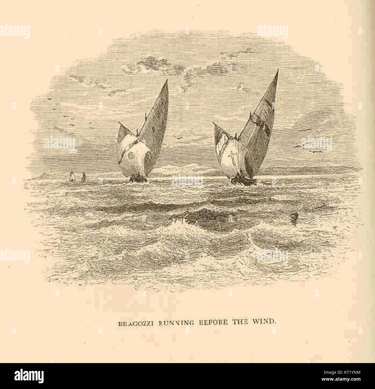 *Bragozzi Running Before the Wind* est une peinture représentant un voilier traditionnel naviguant sur la mer avec le vent dans ses voiles. Il met en valeur les compétences et les techniques de la navigation maritime historique. Banque D'Images