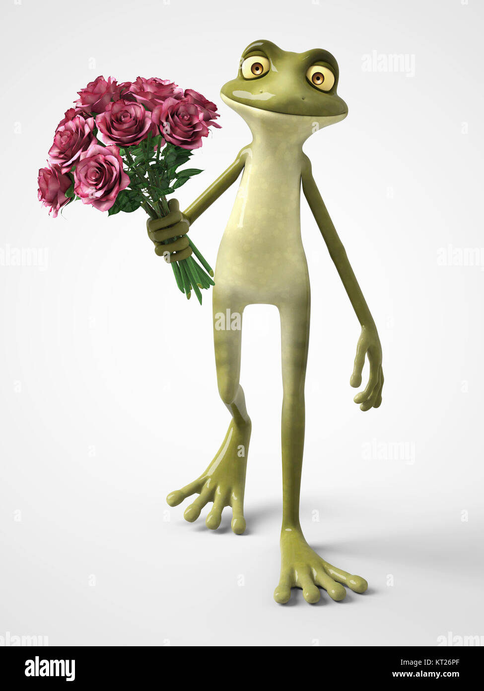 Le rendu 3D de dessin animé romantique frog tenant un bouquet de roses. Banque D'Images