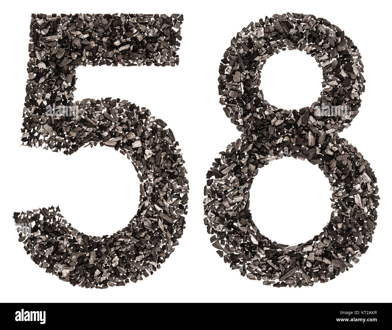 Chiffre arabe 58, cinquante huit, un noir de charbon de bois naturel, isolé sur fond blanc Banque D'Images