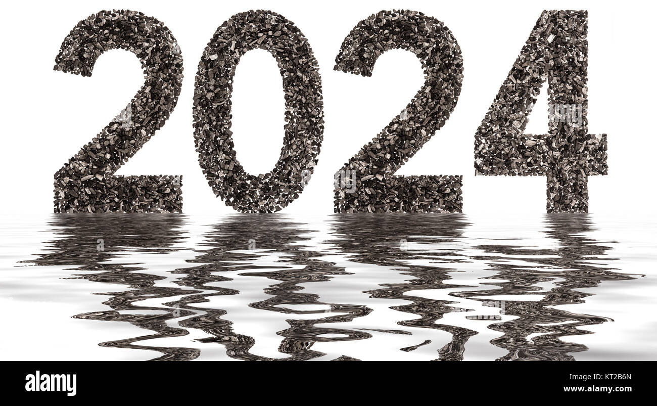 À partir de 2024 un chiffre noir charbon naturel, isolé sur fond blanc, de réflexion dans l'eau Banque D'Images