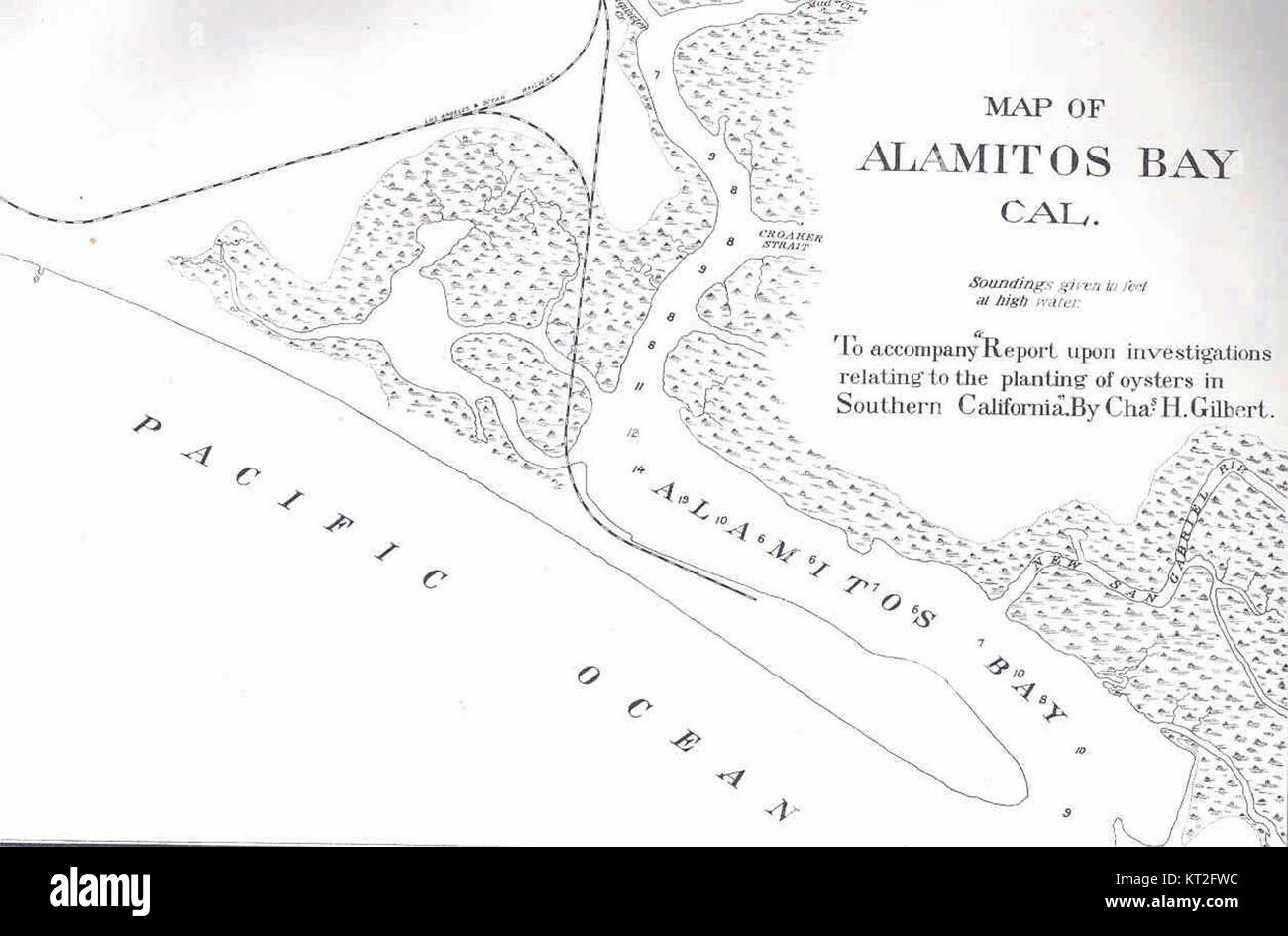 Cette carte illustre la baie d’Alamitos en Californie, offrant une vue détaillée des caractéristiques côtières de la région et des monuments environnants. La baie d'Alamitos est une zone importante de la baie de long Beach, connue pour ses activités récréatives et son front de mer. La carte offre un aperçu de la géographie et du développement de cette région du sud de la Californie. Banque D'Images