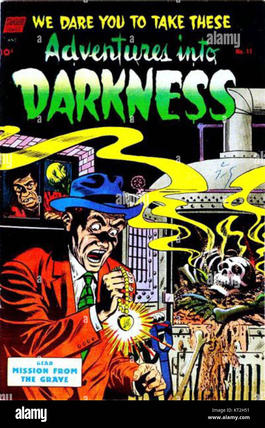 Adventures into Darkness est une série qui fait probablement référence à un genre de média, comme un livre, un film ou une série télévisée axée sur le suspense et le mystère. Le titre indique un thème d'exploration dans des royaumes sombres ou inconnus. Banque D'Images