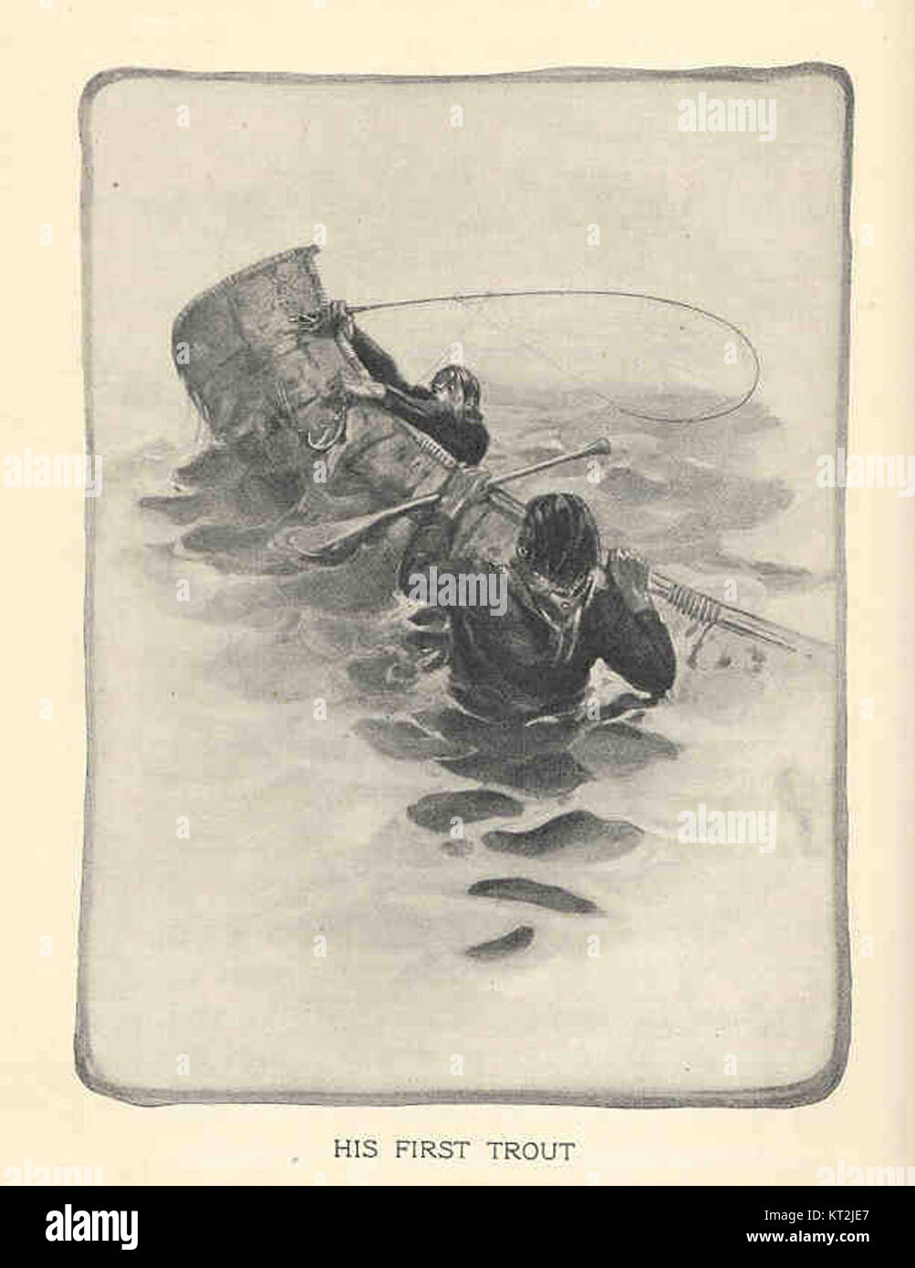 '35729 His First Trout' fait probablement référence à un événement notable de pêche ou de plein air, impliquant peut-être la première prise réussie d'une truite par le personâ. Il peut représenter un moment mémorable dans l'histoire de la pêche ou une réalisation personnelle dans les activités de plein air. Banque D'Images