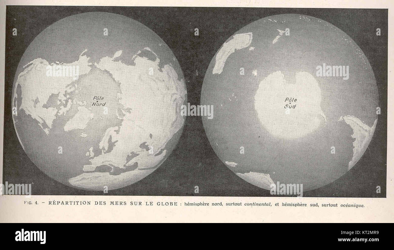 Cette carte, intitulée 'répartition des mers sur le Globe', montre la division des mers entre l'hémisphère Nord et l'hémisphère Sud, en mettant l'accent sur les zones continentales et océaniques. Il fournit une compréhension visuelle de la distribution de l'eau de la Terre. Banque D'Images