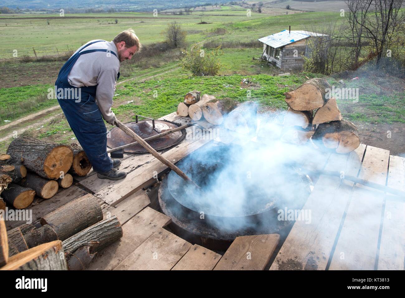 La production de charbon de bois traditionnel en milieu rural Boljevac, Serbie Banque D'Images