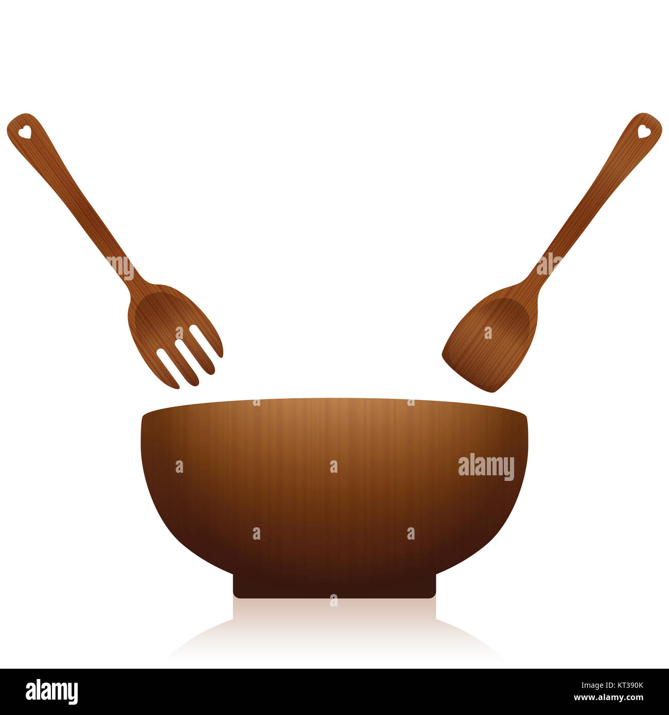 Saladier en bois foncé et des serveurs - ensemble d'outils de cuisine rurale avec fourchette et cuillère situé au-dessus d'un bol vide - illustration sur fond blanc. Banque D'Images