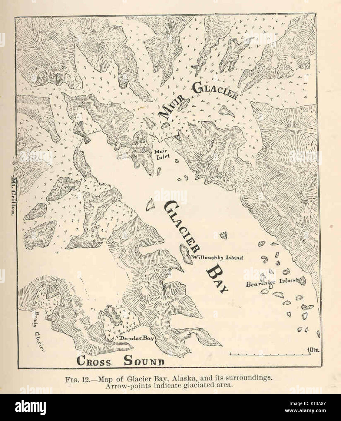 Une carte détaillée de Glacier Bay, Alaska, montrant les zones glaciaires indiquées par des flèches. La carte fournit de précieuses informations géographiques et environnementales sur le paysage de la région. Banque D'Images