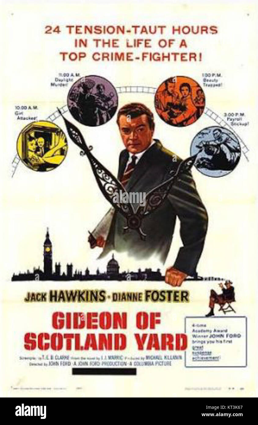 Gideon's Day est un film criminel britannique de 1958, et l'affiche présente ses œuvres d'art de style noir. Le film, mettant en vedette Jack Hawkins, présente une histoire de crime captivante qui se déroule à Londres. Banque D'Images