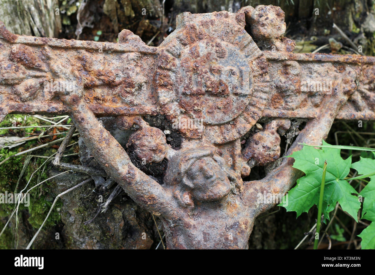 Old rusty croix avec Jésus perdu dans les bois Banque D'Images