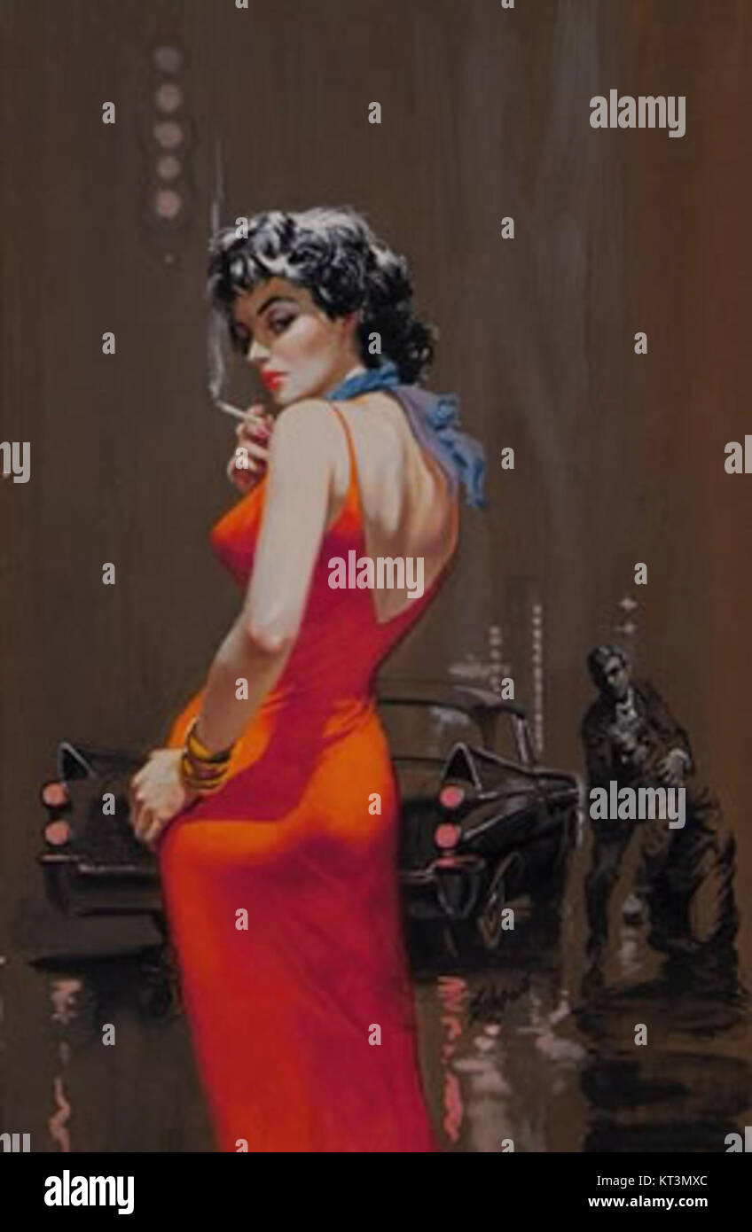 A Gem of a Murder, illustré par Harry Schaare en 1959, est une couverture de roman policier qui capture l'essence de la fiction policière du milieu du XXe siècle. Les œuvres de Schaareâ€™ transmettent le suspense et l'intrigue du thème du roman à travers sa composition dynamique. Banque D'Images