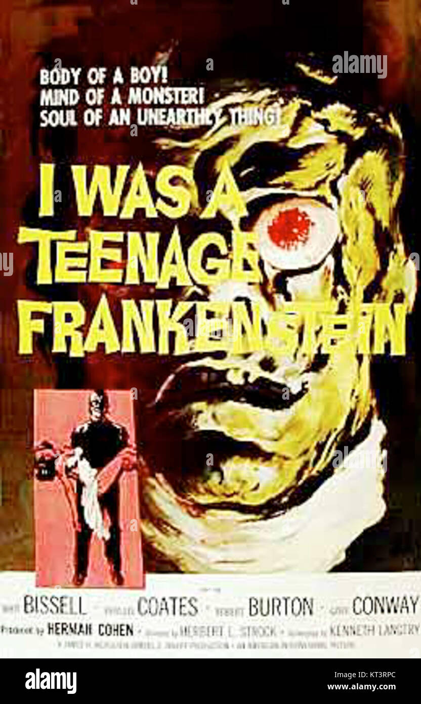 *I Was a Teenage Frankenstein* (1957) est un film B classique qui mélange drame adolescent et horreur. Le film suit un lycéen qui devient le sujet d'une dangereuse expérience qui le transforme en monstre. Banque D'Images
