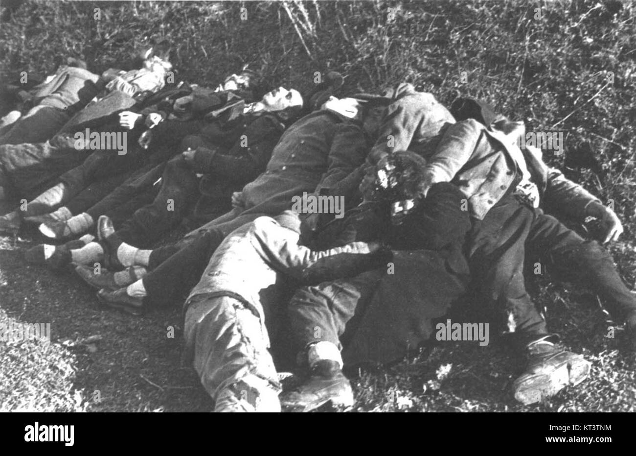 La photographie intitulée 'I cadaveri degli ostaggi' (les corps des otages) capture un sombre moment de l'histoire de la guerre. Il illustre les conséquences tragiques de la guerre, en mettant l'accent sur l'impact des conflits sur les civils et les souffrances endurées par les personnes touchées. Banque D'Images La photographie intitulée 'I cadaveri degli ostaggi' (les corps des otages) capture un sombre moment de l'histoire de la guerre. Il illustre les conséquences tragiques de la guerre, en mettant l'accent sur l'impact des conflits sur les civils et les souffrances endurées par les personnes touchées. Banque D'Images