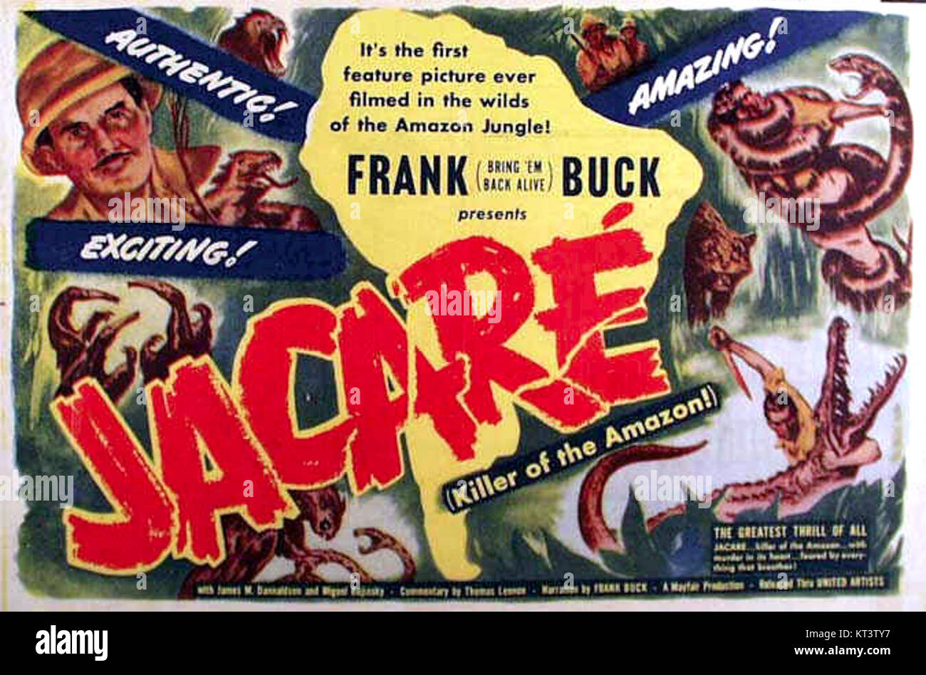 Une affiche de film vintage du film 'Jacaré' de 1942, produit par Frank Buck, présentant les œuvres promotionnelles du film. Banque D'Images