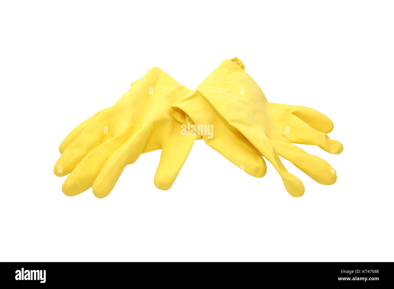 Paire de gants en caoutchouc jaune sur fond blanc. Isolé avec clipping path Banque D'Images