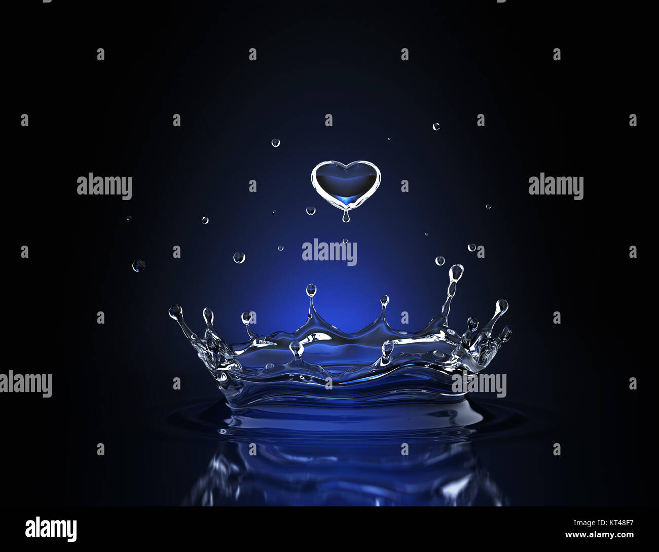 Goutte d'eau en forme de coeur en bleu spot light. 3D illustration Banque D'Images