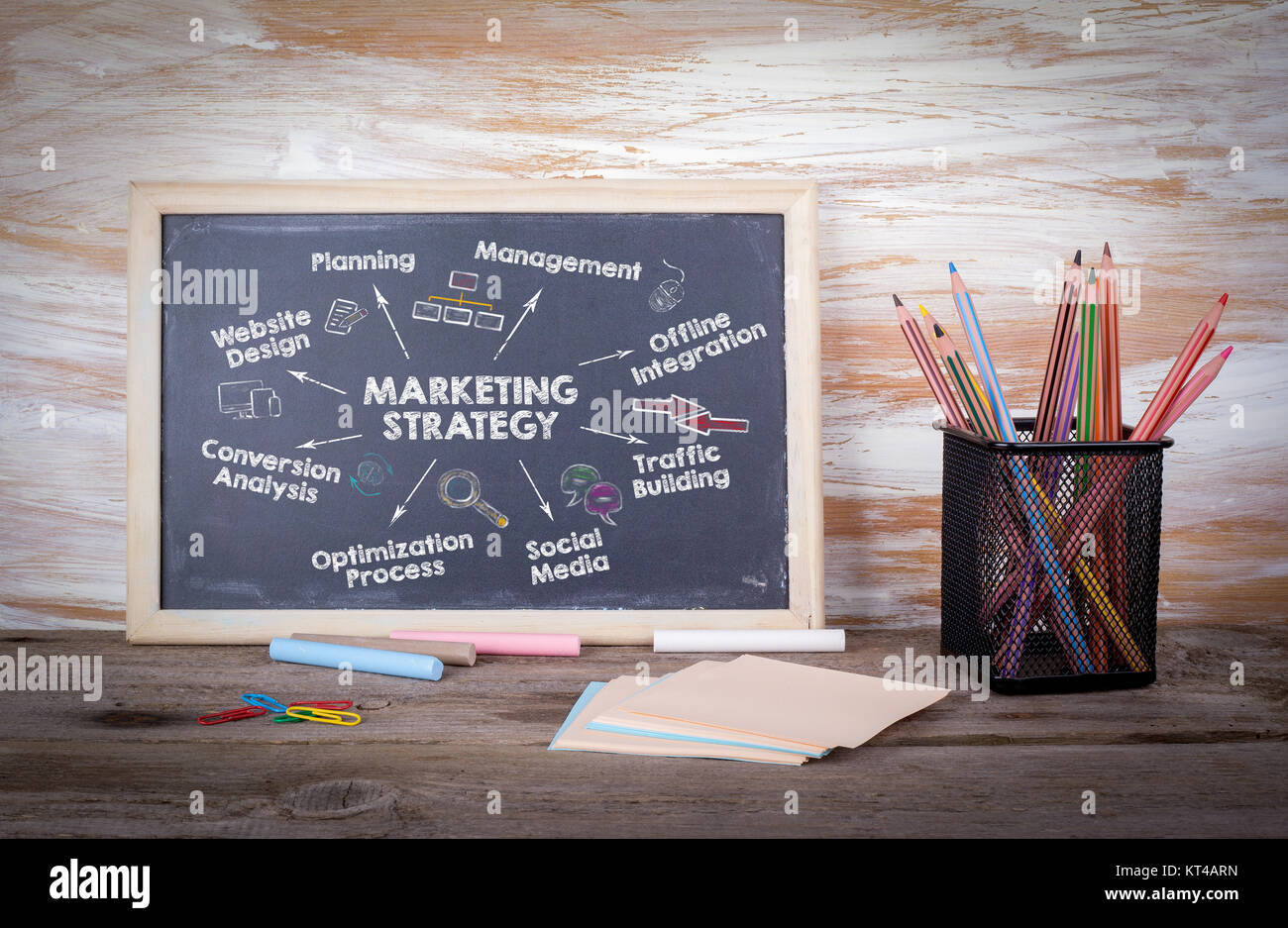 Stratégie marketing concept. Carte avec des mots-clés et des icônes. Ancienne table en bois avec texture Banque D'Images
