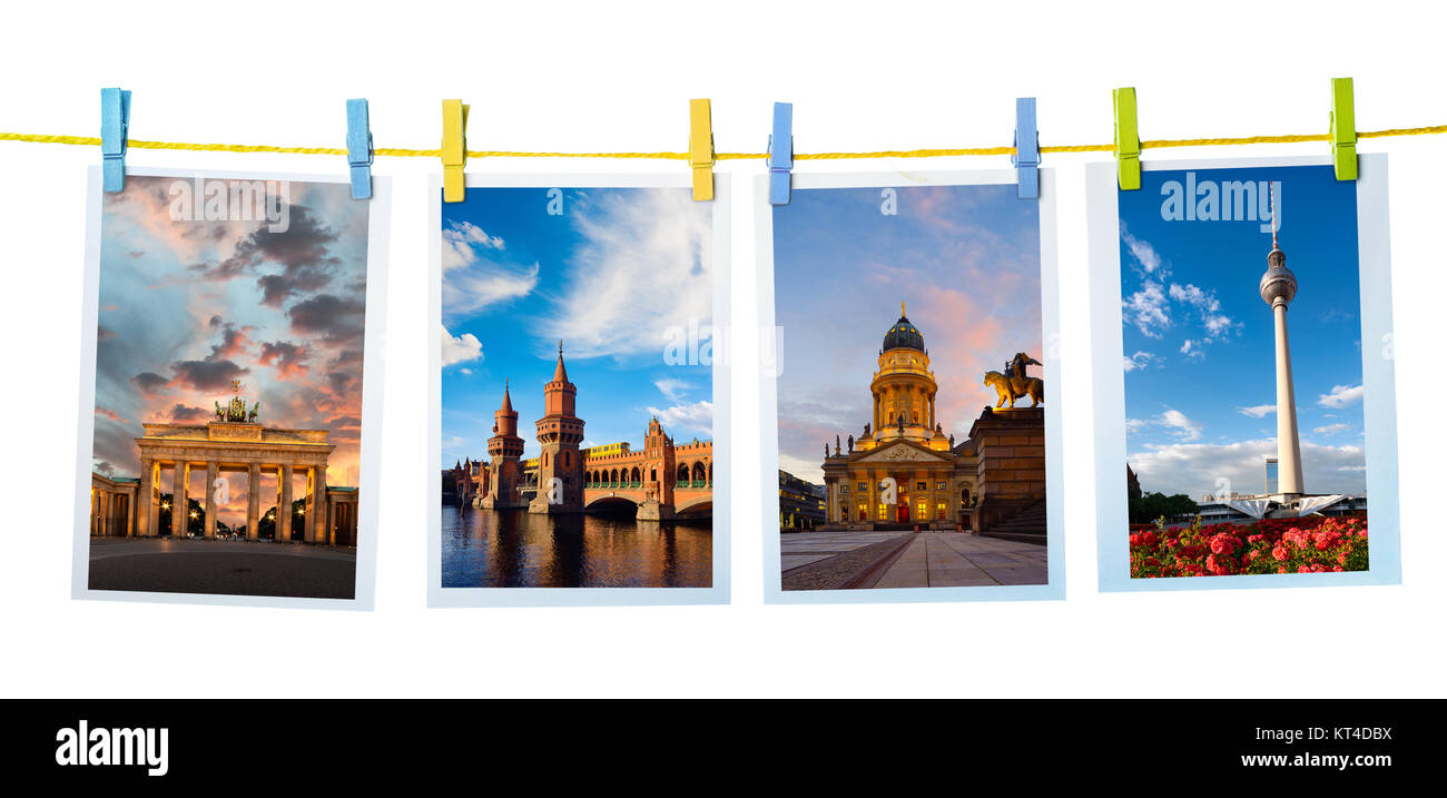 Collage avec des cartes postales des principaux monuments de Berlin sur fond blanc Banque D'Images
