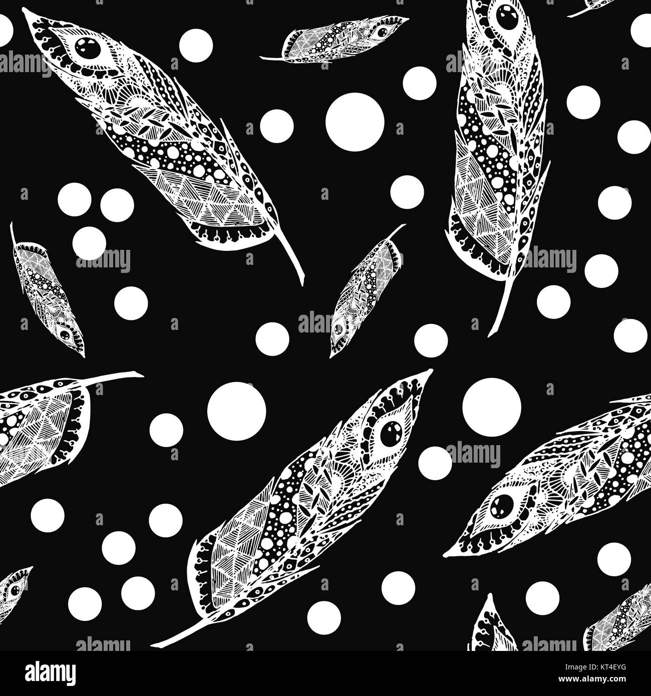 Hand drawn doodle zentangle plume isolée de l'arrière-plan. Illustration noir et blanc avec différents ornements. Banque D'Images