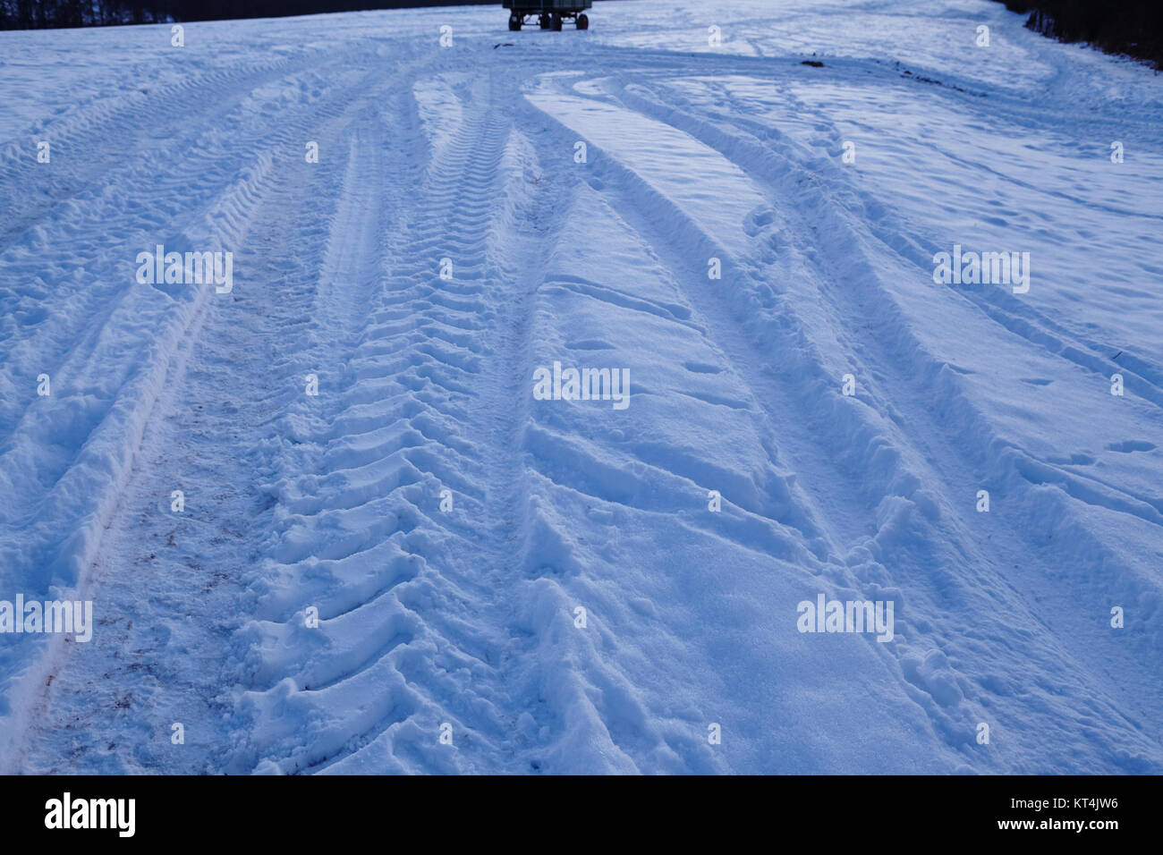 Certaines marques de dérapage conduirait dans un snowscape au point de l'heure bleue en soirée. La neige reflète la lumière du ciel bleu. Banque D'Images