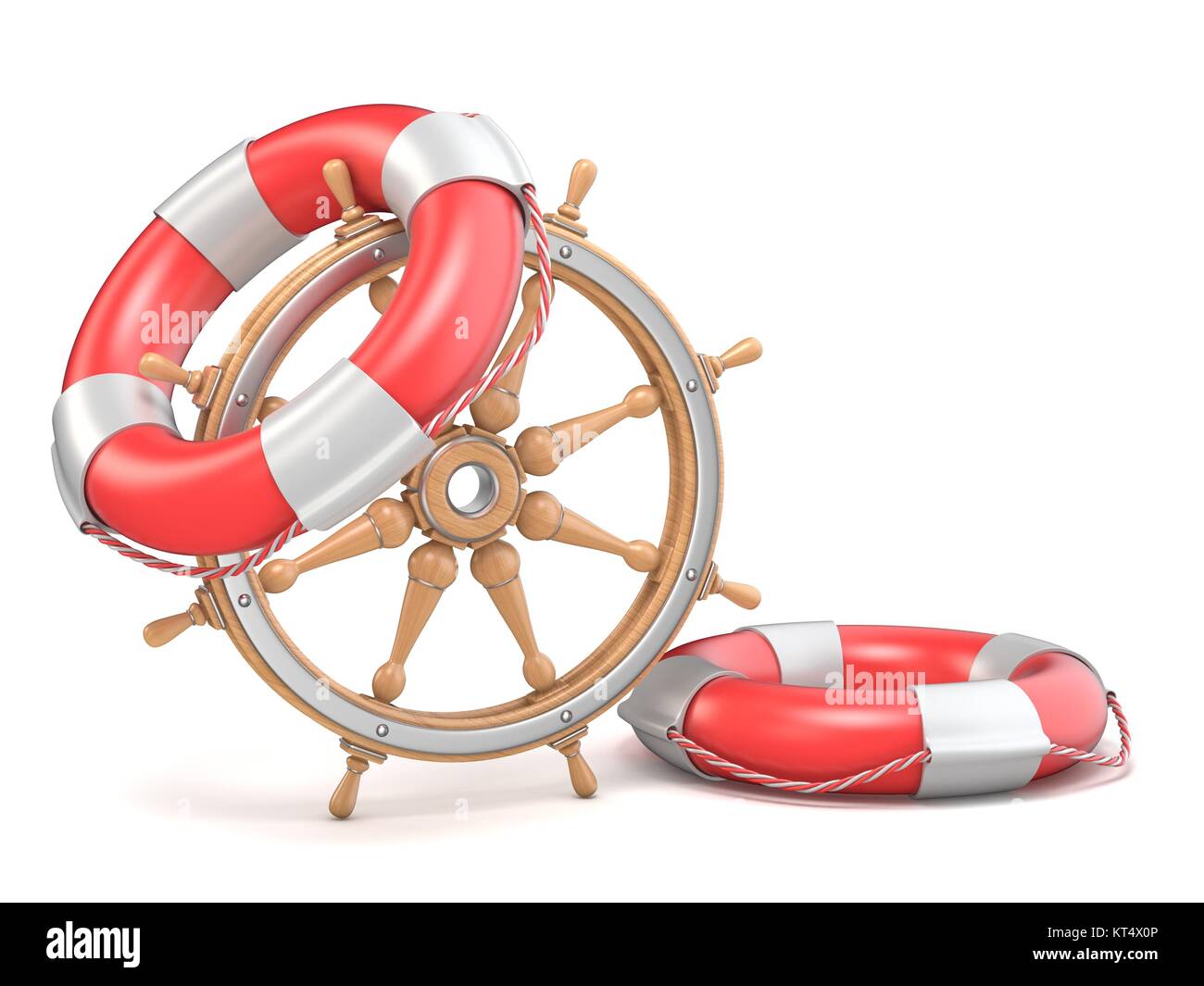 Bateau en bois et deux bouées de roue de la vie 3D Banque D'Images