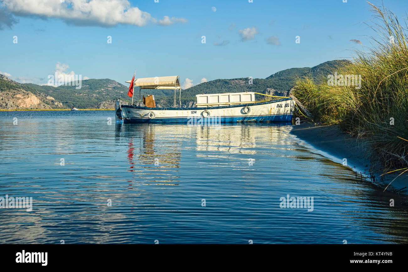 Un bateau pêcheur dans un lac calme lié à un littoral sablonneux avec des roseaux verts sous un ciel bleu Banque D'Images