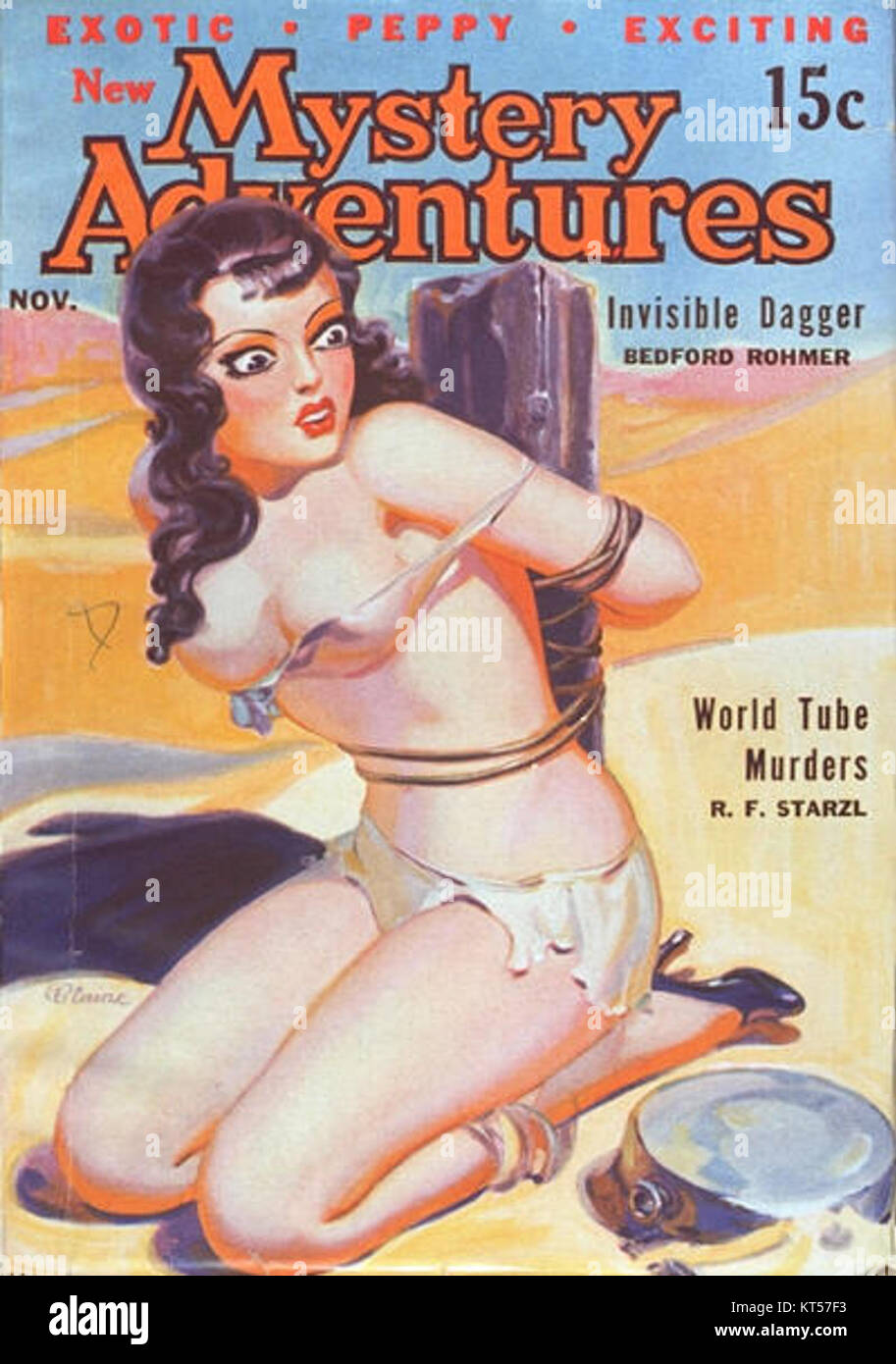 Cette entrée fait référence à 'New Mystery Adventures', un magazine Pulp publié en 1935, mettant en vedette le crime et la fiction policière. Banque D'Images