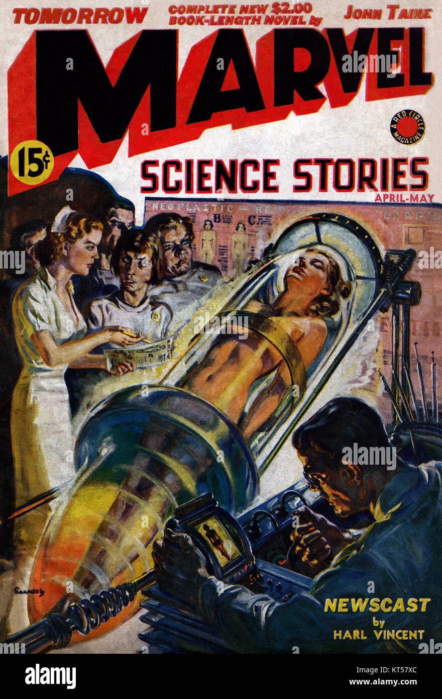 Cette couverture de Norman Saunders représente la couverture de l'édition avril-mai 1939 de *Marvel Science Stories*. L'illustration reflète le genre de science-fiction de l'époque, caractérisé par des thèmes futuristes et des couleurs vibrantes, mettant en valeur une vision imaginative de l'espace et de la technologie. Banque D'Images