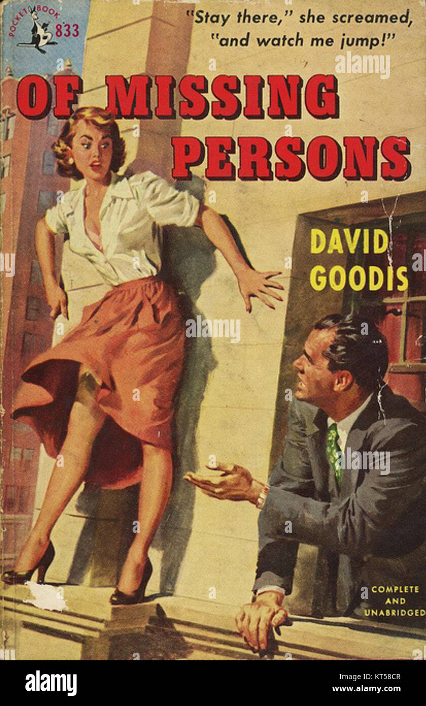 Cette illustration de Ray App accompagne l'édition 1951 du roman *of Missing Persons* de David Goodis, publié dans Pocket Book 833. Le livre explore les thèmes du crime et du mystère. Banque D'Images