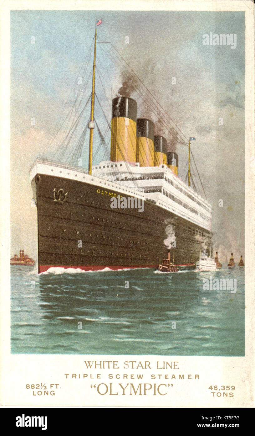 Le RMS Olympic était un paquebot britannique, le premier navire de la classe olympique de la White Star Line, lancé en 1911. Il était un navire jumeau du Titanic et du Britannic, servant de paquebot pendant plus de 24 ans avant d'être retiré et mis au rebut en 1935. Banque D'Images