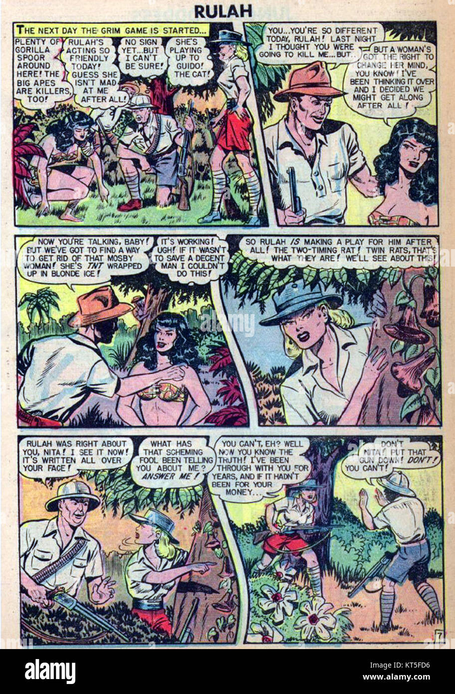 Un panneau de 'Rulah' #20, publié en novembre 1948, mettant en vedette l'héroïne de la jungle Rulah dans une scène aventureuse. Banque D'Images