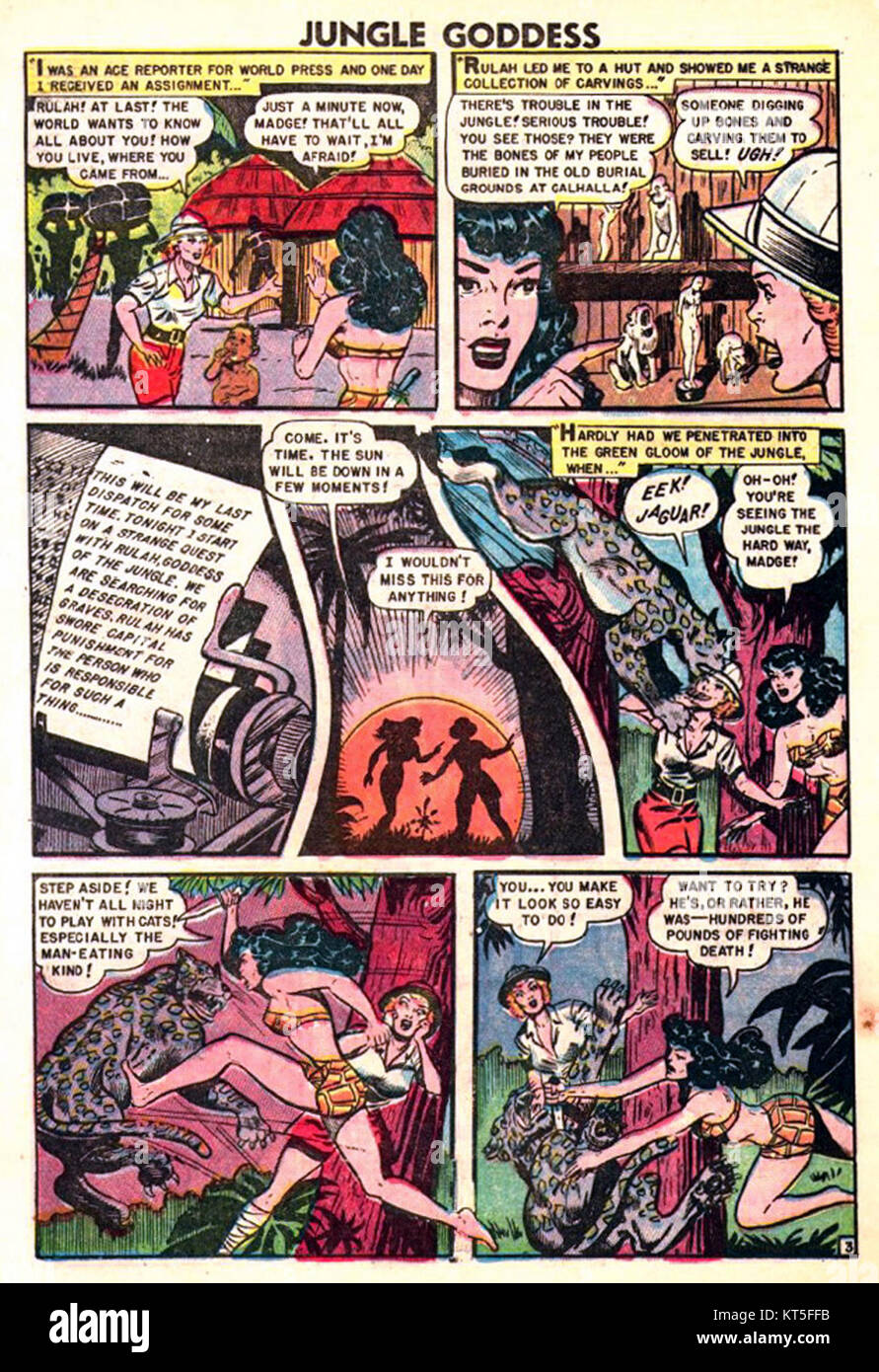 Rulah, la déesse de la Jungle, était un personnage de bande dessinée populaire introduit dans les années 1940 Connue pour son esprit aventureux, elle a été dépeinte comme une protagoniste féminine forte et capable combattant le mal dans un décor de jungle. Banque D'Images