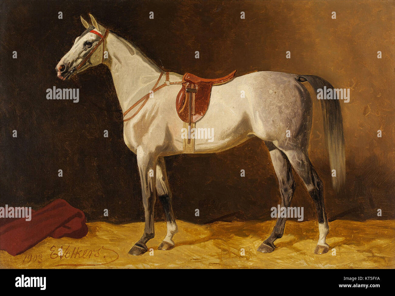 Cette œuvre, 'cheval blanc sellé' par Emil Volkers, créée en 1903, représente un cheval blanc équipé d'une selle. La pièce reflète l'accent artistique de Volkers sur les animaux, mêlant réalisme et représentation détaillée des caractéristiques équines. Banque D'Images