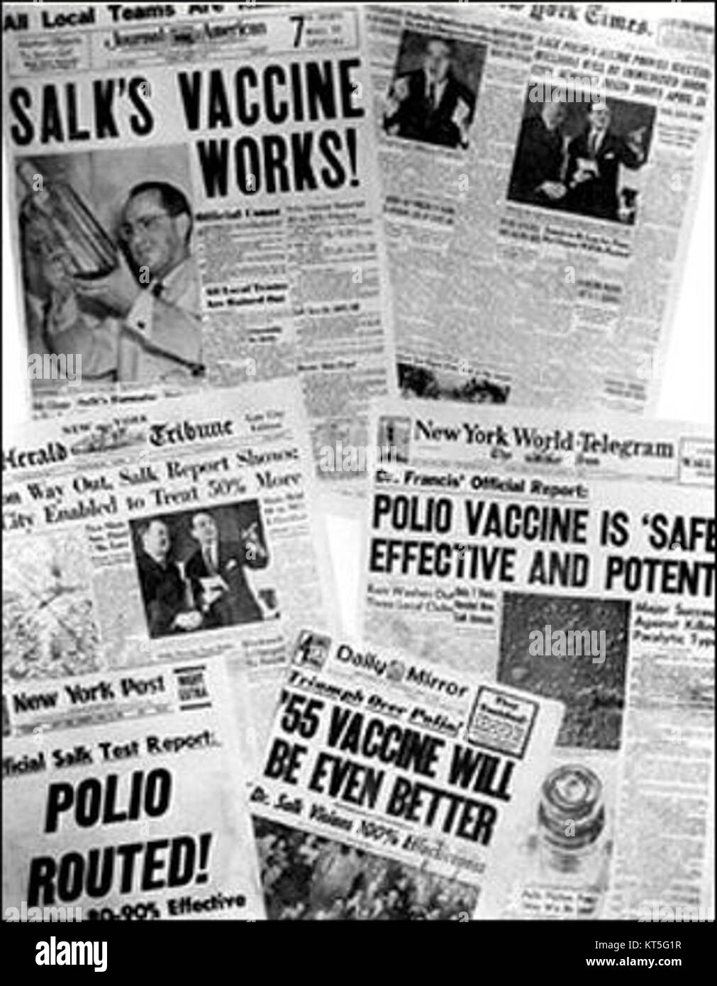 Les manchettes Salk font référence aux réactions du public et des médias à la mise au point par Jonas Salk du vaccin contre la poliomyélite au milieu du XXe siècle. Son travail a mené à une percée dans la science médicale et les efforts d'éradication de la polio, ayant un impact significatif sur la santé mondiale. Banque D'Images