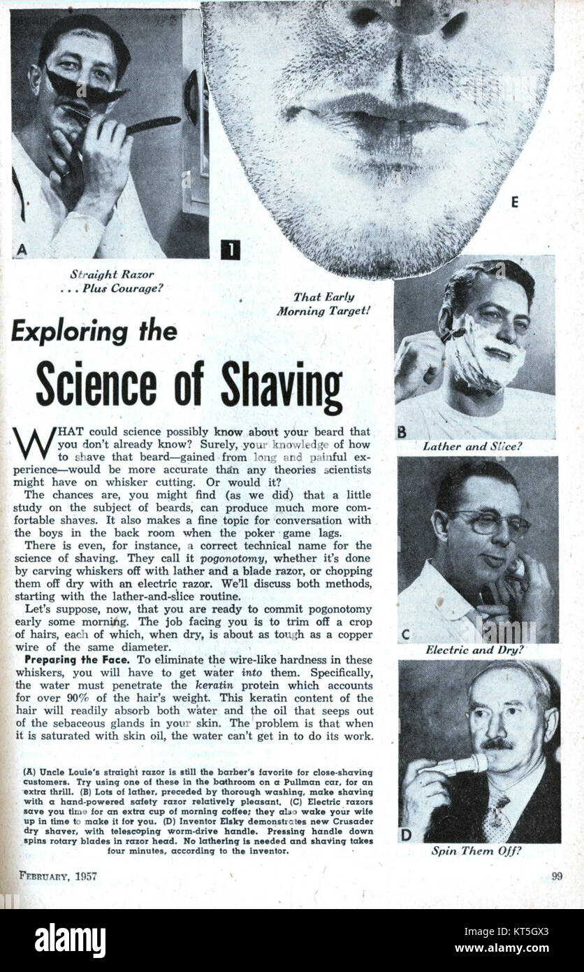 Cet article du numéro de février 1957 de Science and Mechanics explore la science derrière les techniques de rasage, les outils et les mécanismes impliqués dans le processus. Banque D'Images
