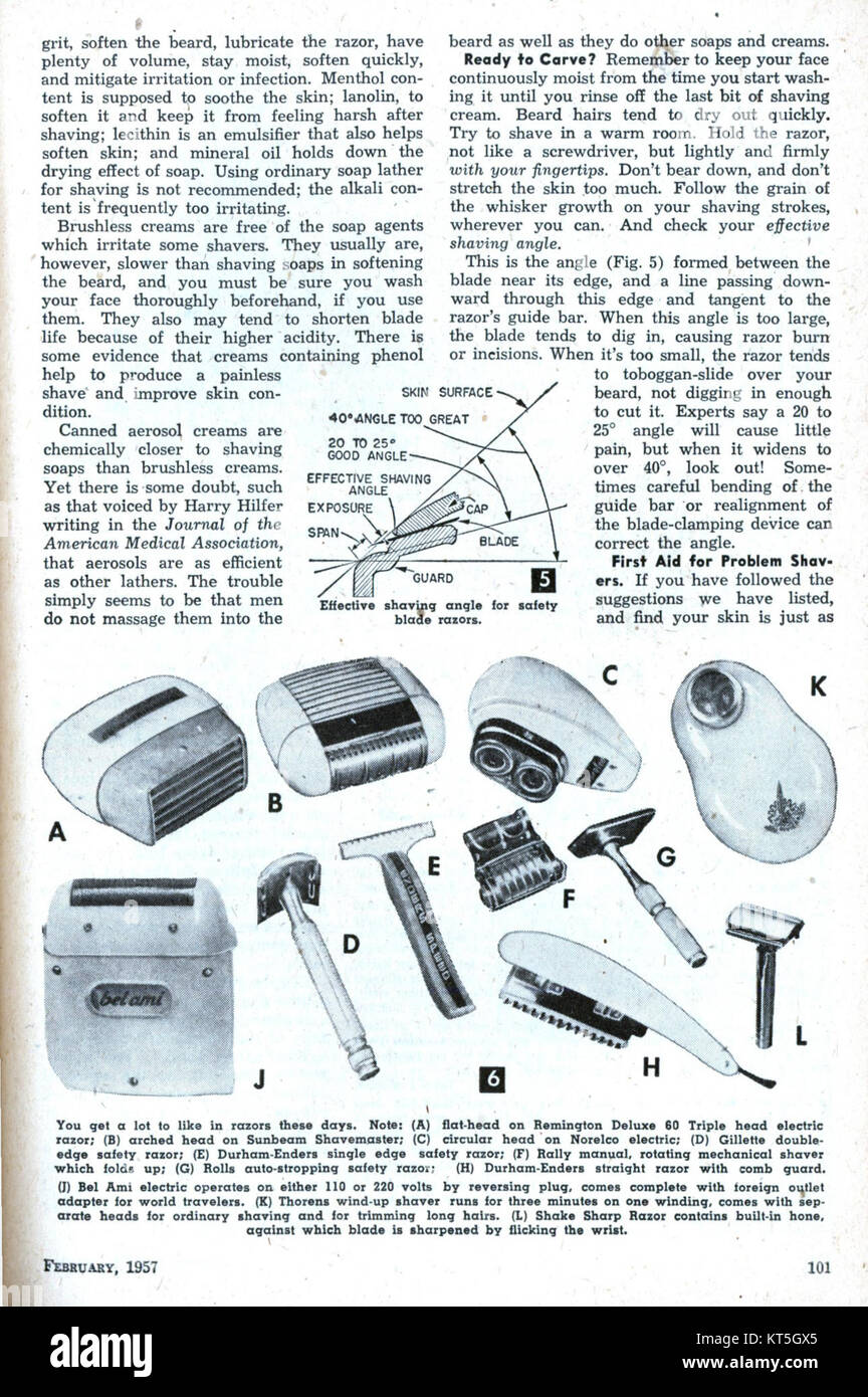Le numéro de février 1957 de « Science and Mechanics » explore la technologie et la science derrière le rasage. Cet article traite de la mécanique des rasoirs, de la santé de la peau et des innovations en matière de rasage. Banque D'Images