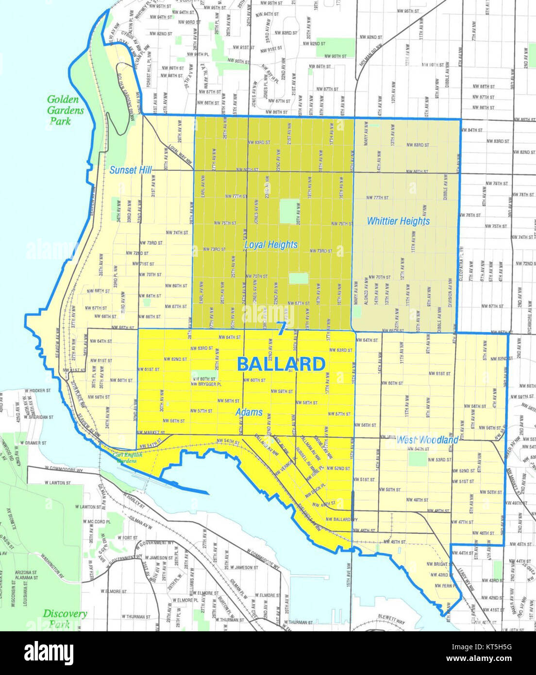 Une carte du quartier Ballard à Seattle, Washington, montrant la géographie et la disposition de la région. Ballard est un quartier historique connu pour son patrimoine maritime. Banque D'Images