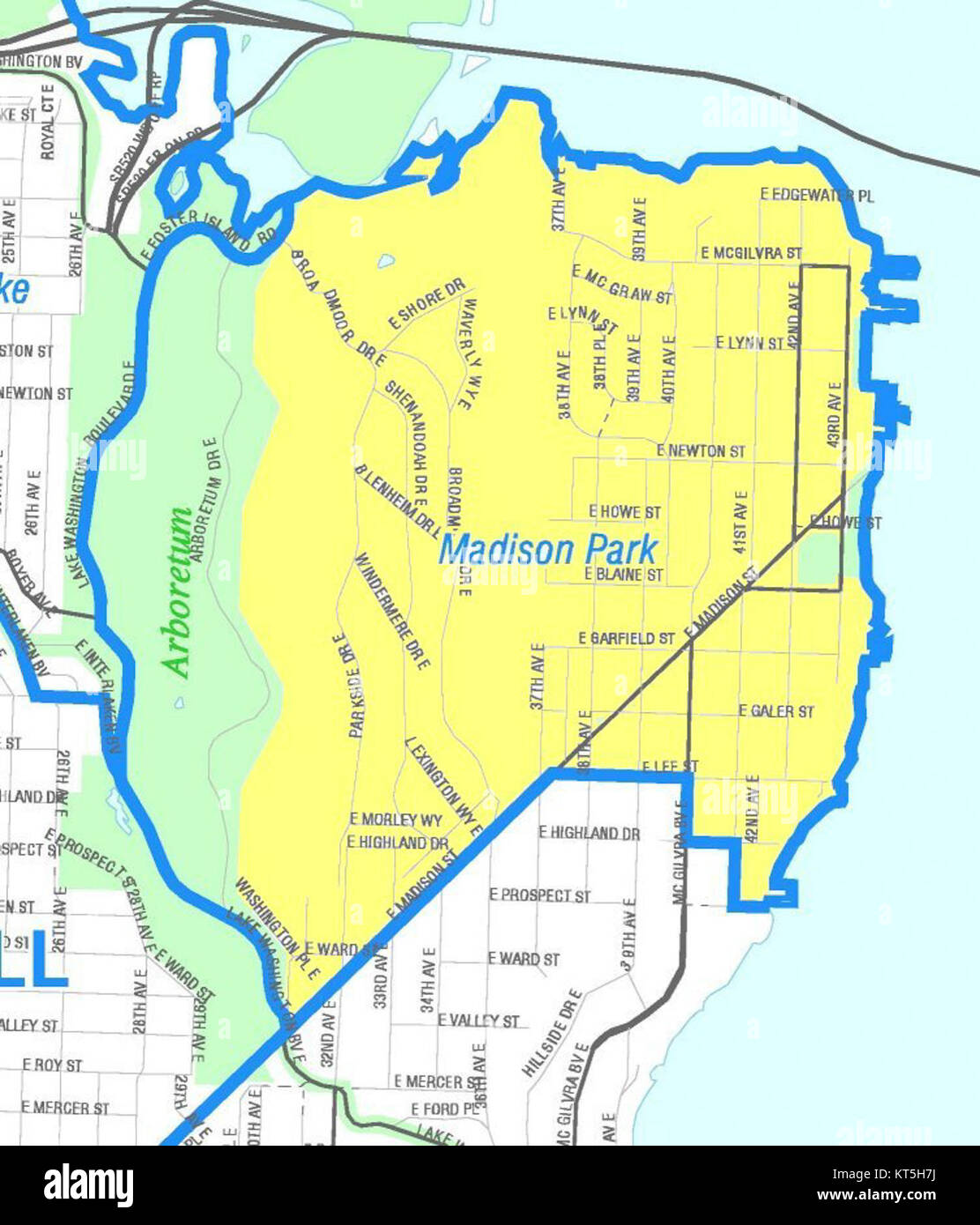 La carte du parc Madison de Seattle décrit un quartier pittoresque connu pour son parc au bord du lac et ses zones résidentielles. Il met en évidence des emplacements clés dans l’une des communautés les plus désirables de Seattle. Banque D'Images