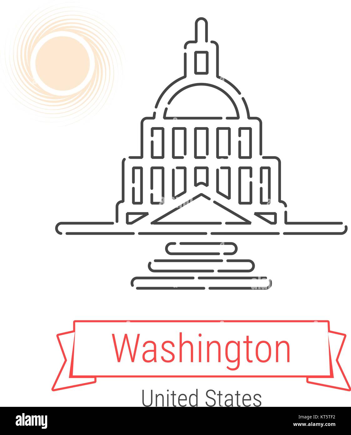 Washington, United States ligne vectorielle Icône avec ruban rouge isolé sur blanc. Washington Monument - Emblème - Imprimer - Label - Symbole. Capitol Illustration de Vecteur
