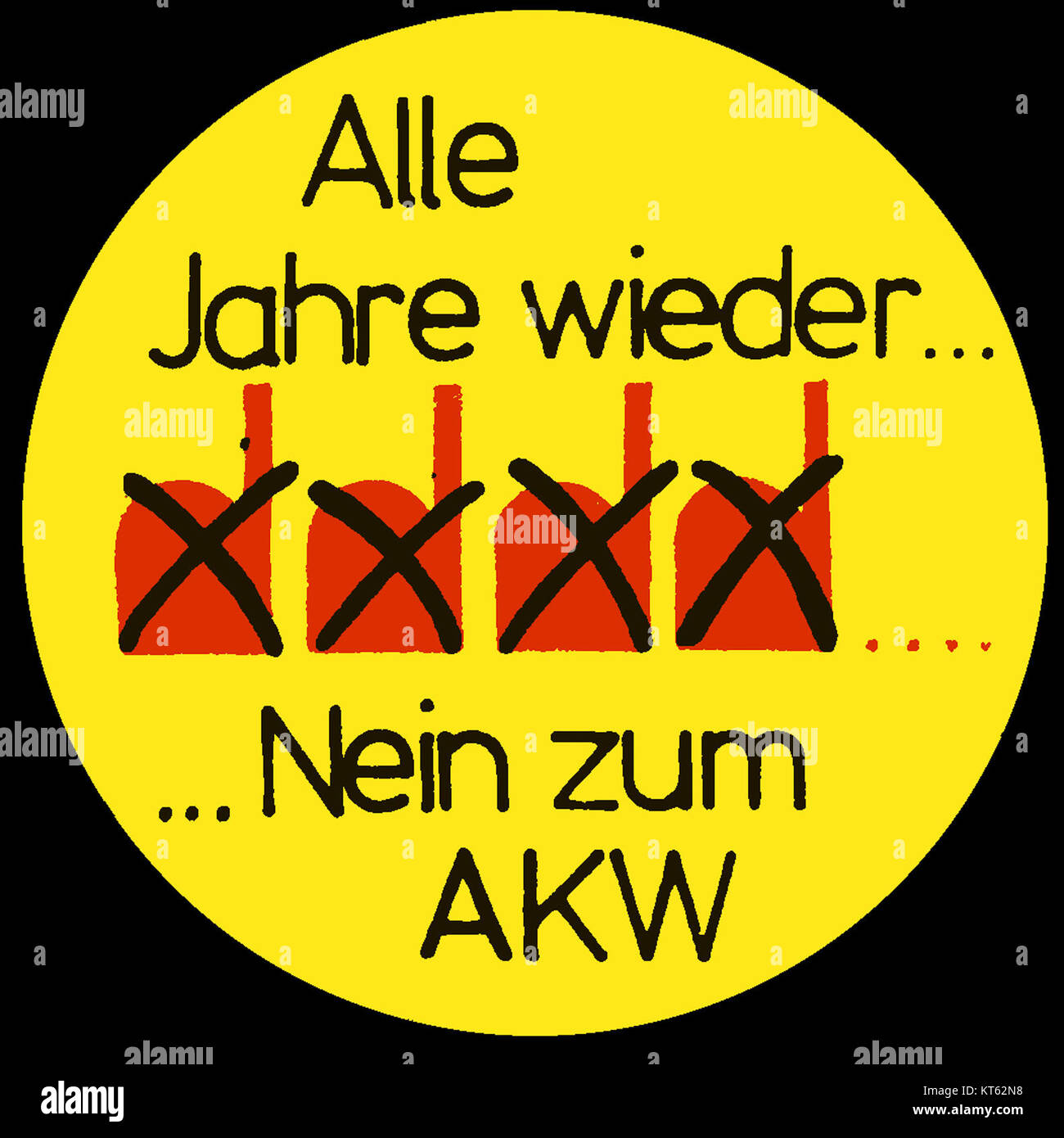 L'anti-AKW-Pickerl est un autocollant autrichien, utilisé dans les campagnes contre les centrales nucléaires (AKW). L'expression "alle Jahre wieder" signifie "chaque année à nouveau", reflétant les manifestations anti-nucléaires récurrentes dans la région. Banque D'Images