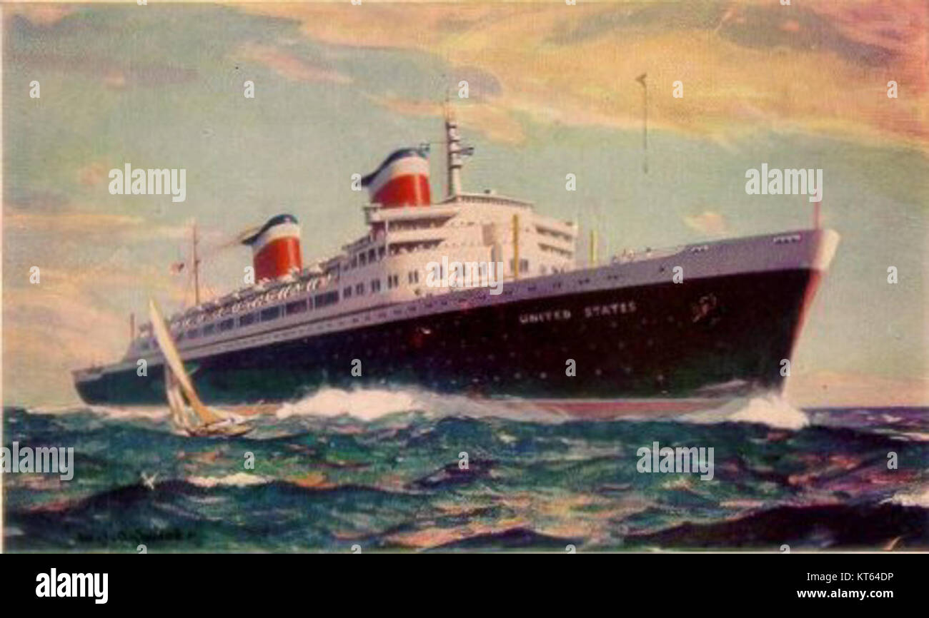 Le SS United States était un ancien paquebot américain, connu pour sa vitesse et son luxe. Cette carte postale capture la grandeur du navire, qui détenait autrefois le record de la traversée transatlantique la plus rapide. Banque D'Images
