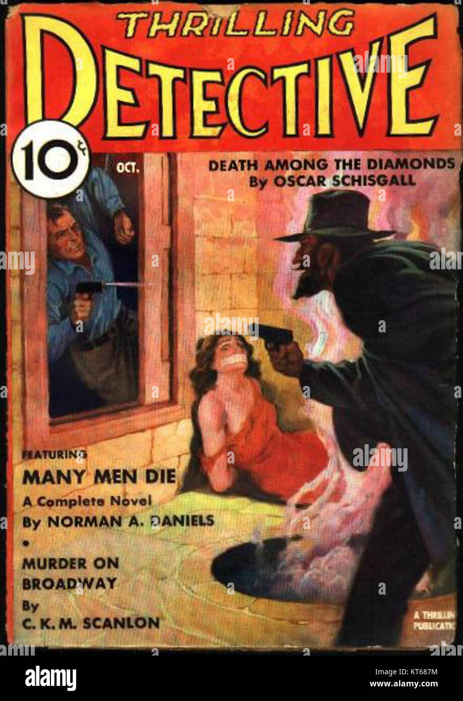 Le numéro d'octobre 1935 du magazine *Thrilling Detective* présente une collection d'histoires policières dures, populaires à l'époque de la Pulp fiction. La pochette et les histoires explorent le crime, le mystère et le drame d'investigation. Banque D'Images