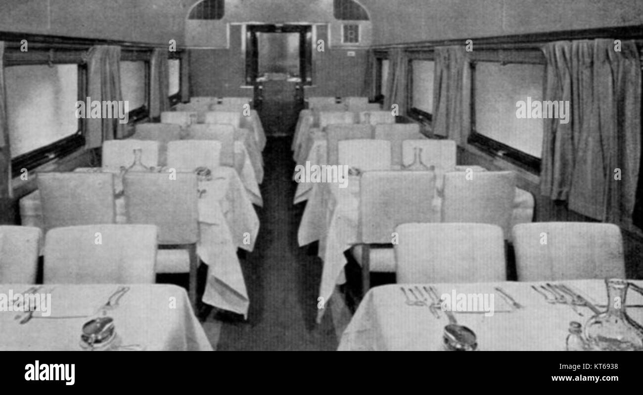Le wagon-restaurant Twin Zephyrs, datant de 1937, est un exemple emblématique de wagon-restaurant ferroviaire utilisé au début du XXe siècle. Il est connu pour sa conception et le rôle qu'il a joué dans la fourniture de services de restauration sur les trains longue distance. Banque D'Images
