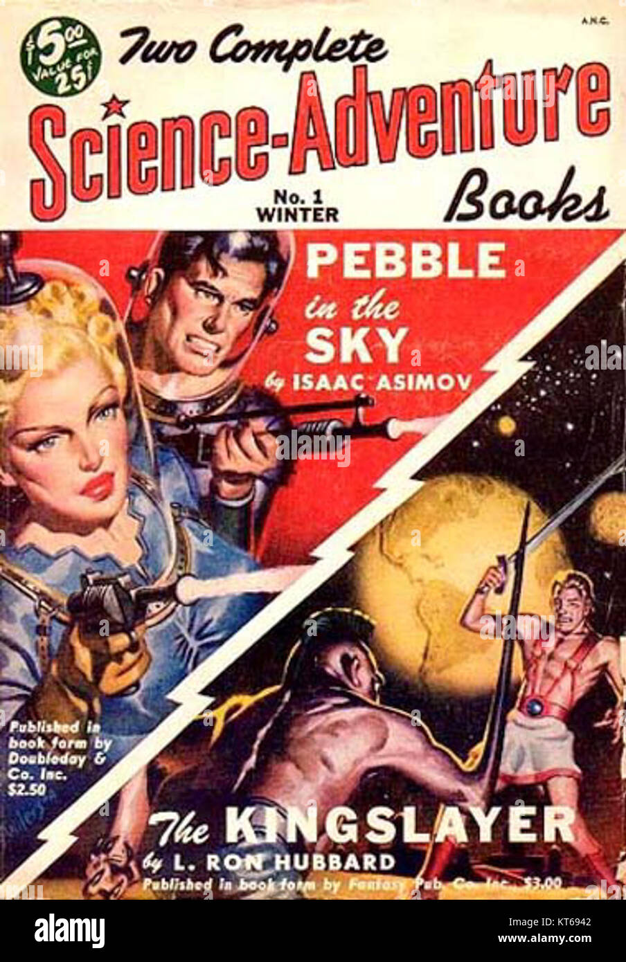 Une collection de deux livres complets d'aventure scientifique de 1950, offrant probablement des récits engageants dans le genre de science-fiction ou d'aventure. Ces livres peuvent présenter des explorations dans la technologie futuriste, l'espace, ou la découverte scientifique. Banque D'Images