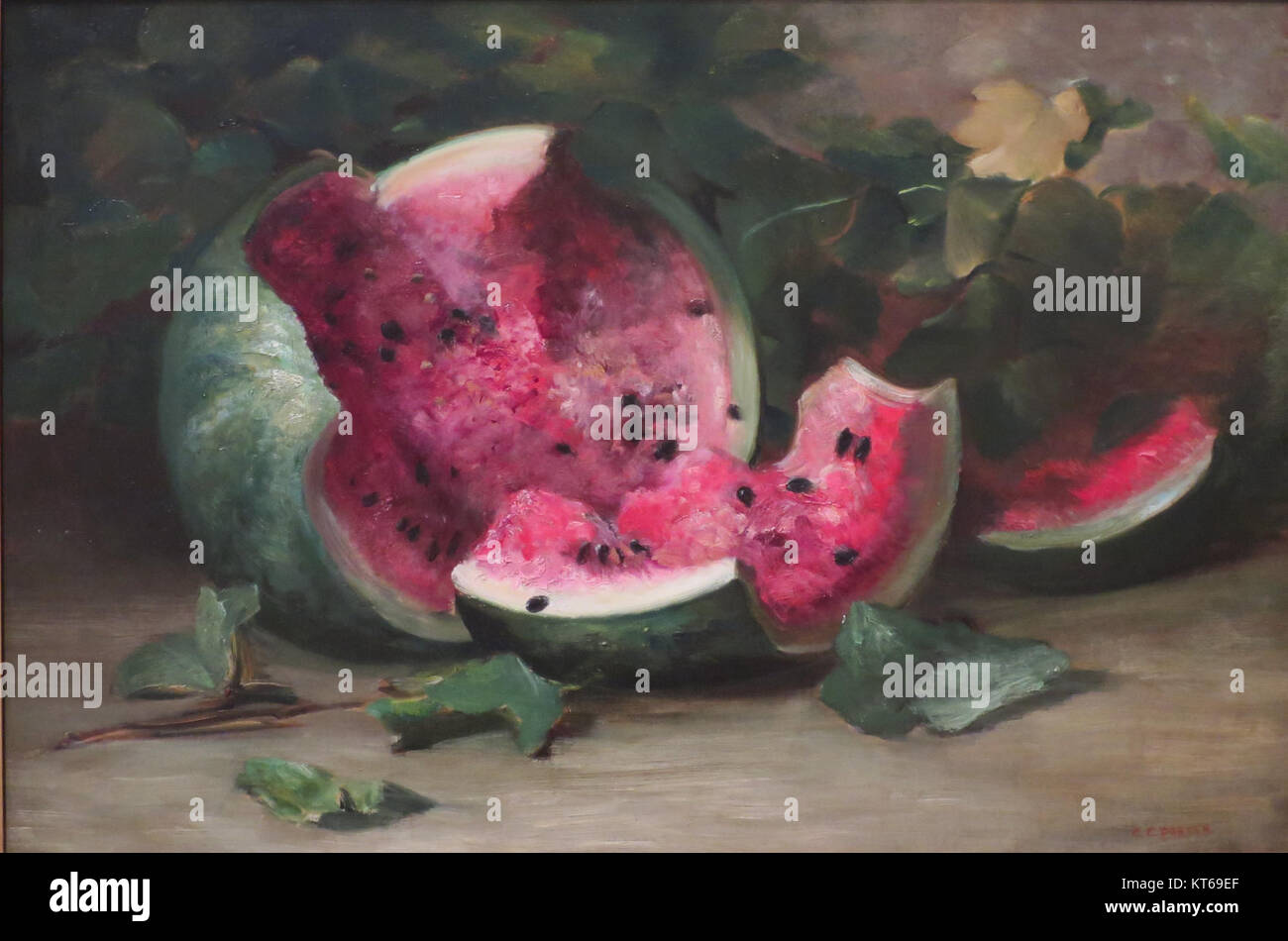 *Untitled (Cracked Watermelon)* de Charles Ethan porter, peint vers 1890, est une peinture à l'huile représentant une pastèque fissurée, mettant en valeur les compétences de porter en nature morte. La pièce met en évidence l'accent mis par l'artiste sur le réalisme et l'attention portée aux détails naturels. Banque D'Images