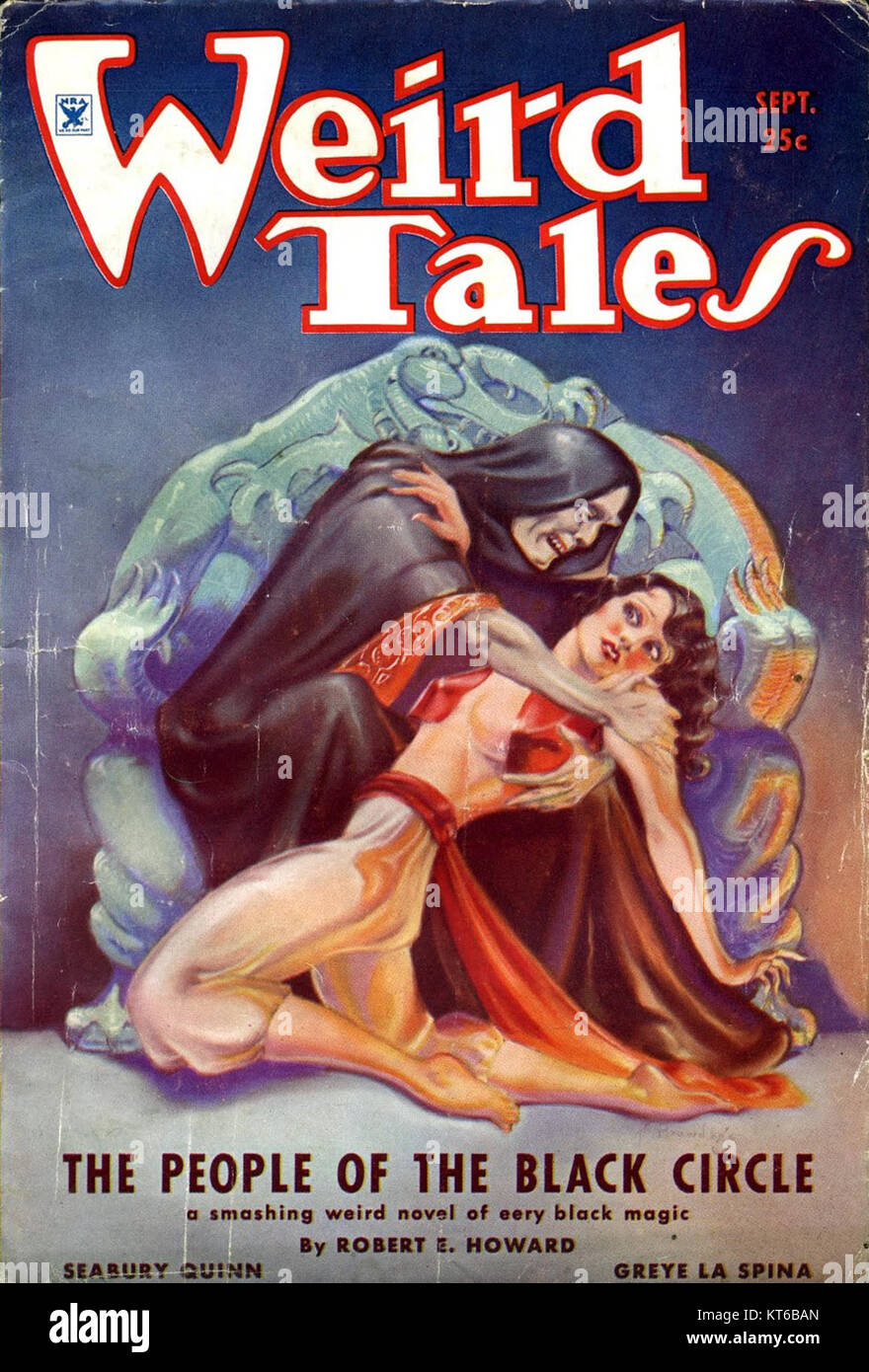 Weird Tales, un magazine Pulp publié en 1934, présente l'histoire « The People of the Black Circle » de Robert E. Howard. Il présente les éléments du genre de fantaisie, de mystère et d'aventure. Banque D'Images