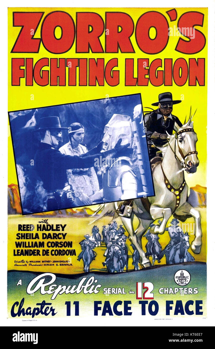 L'affiche de la Fighting Legion de Zorro met en lumière l'aventure bourrée d'action du personnage classique de Zorro. Il capture les moments emblématiques de la série de films des années 1930 mettant en vedette la quête de justice de Zorro. Banque D'Images