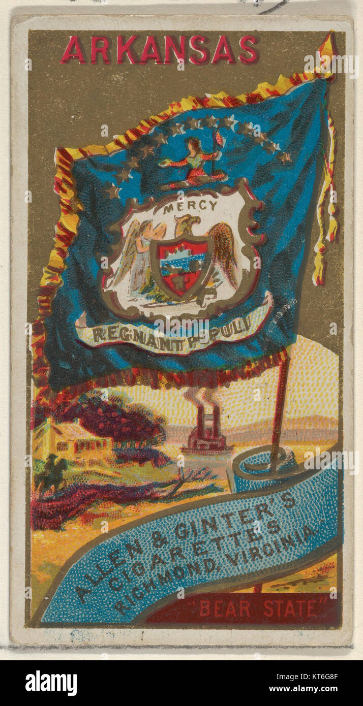 Cette image montre le drapeau de l'Arkansas, qui fait partie d'une collection de drapeaux d'État du 19ème siècle, créés à l'origine pour Allen & Ginter cigarettes Brands. Le drapeau comporte des symboles distinctifs représentant l'État. Banque D'Images