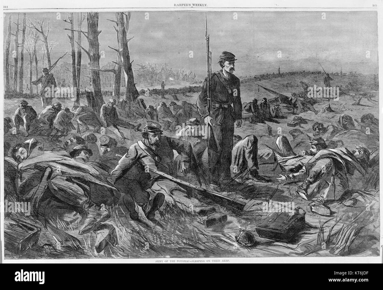 Cette illustration du Harper's Weekly montre des soldats de l'armée du Potomac se reposant avec leurs armes prêtes pendant la guerre de Sécession. Il capture les moments tendus du conflit et la vie quotidienne des soldats. Banque D'Images